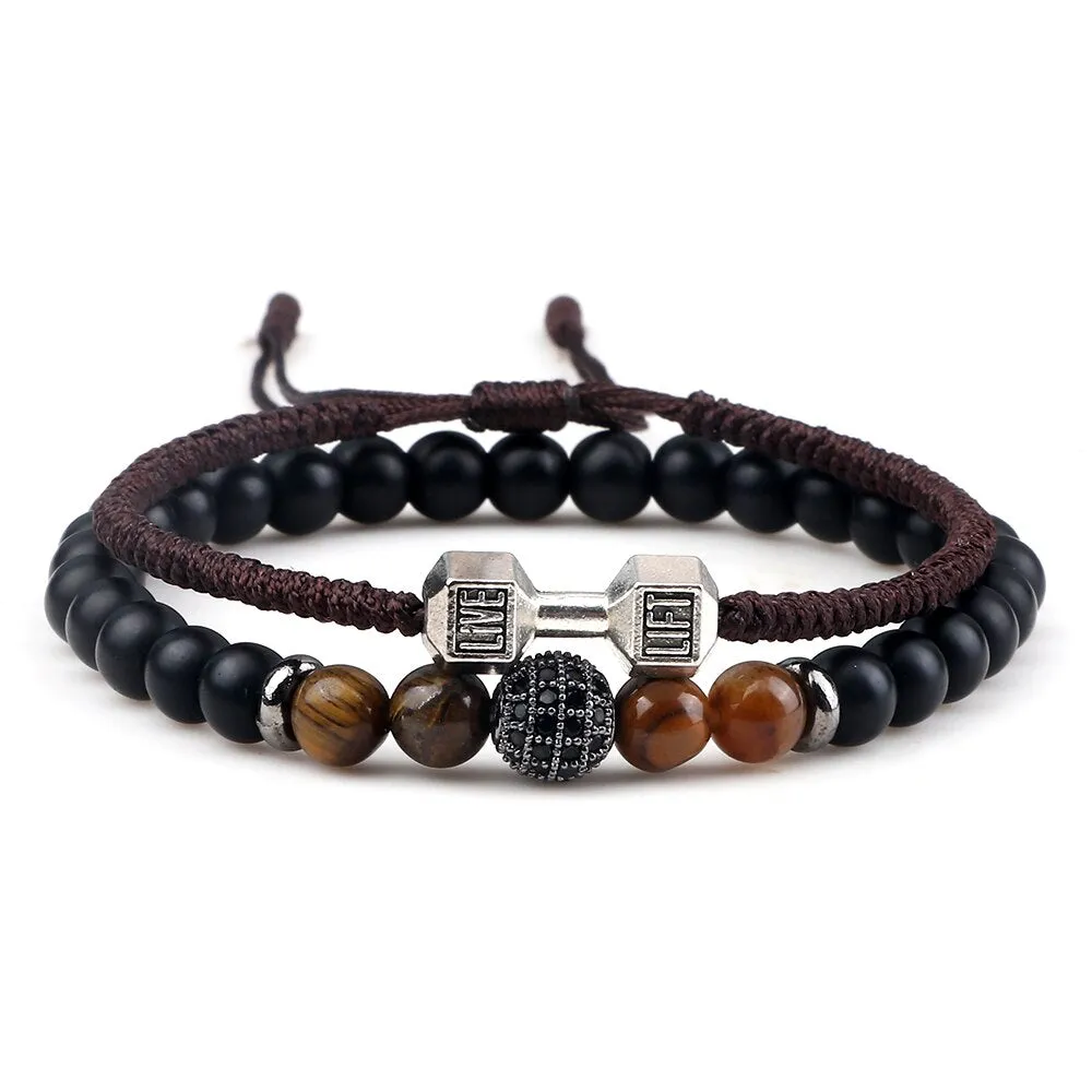 2pcs/Set Men Beaded Bracelet 6mm Charm Nature Onyx Stone Braided Strand Dumbbell hread Bracelets