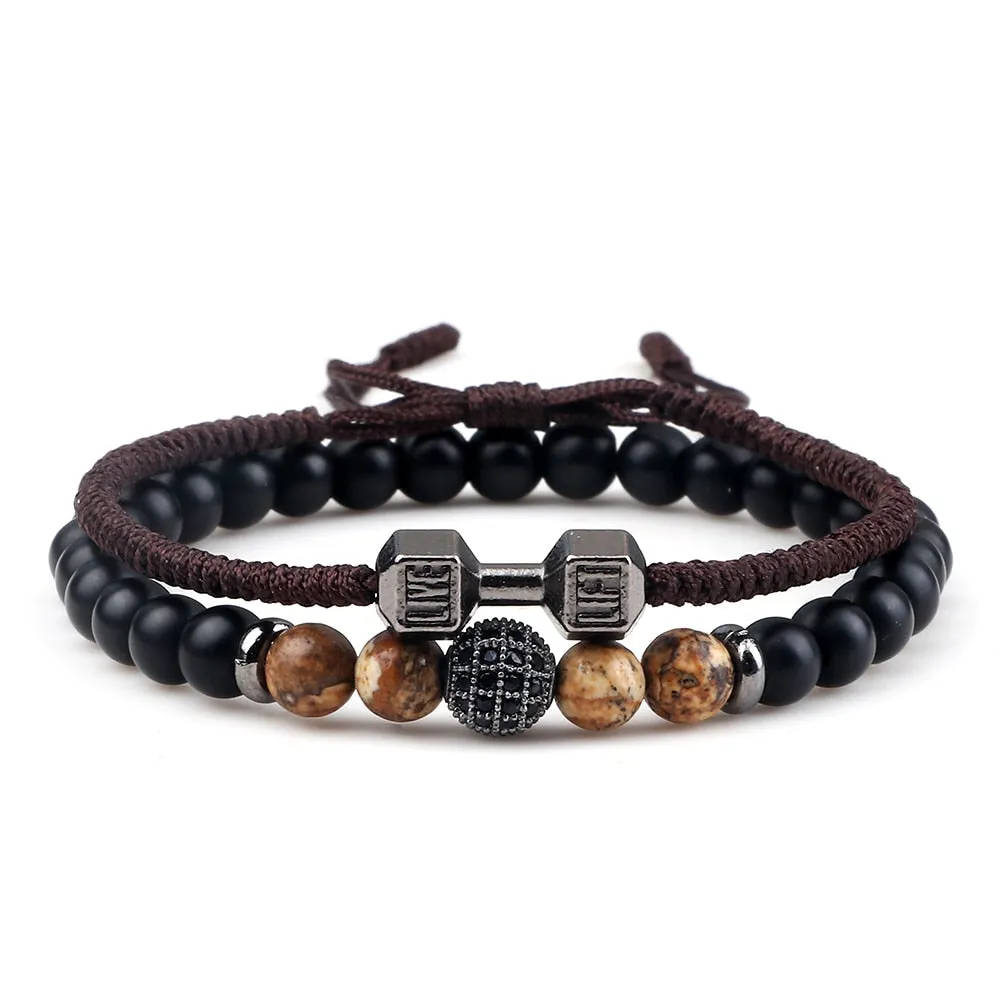 2pcs/Set Men Beaded Bracelet 6mm Charm Nature Onyx Stone Braided Strand Dumbbell hread Bracelets