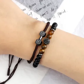 2pcs/Set Men Beaded Bracelet 6mm Charm Nature Onyx Stone Braided Strand Dumbbell hread Bracelets