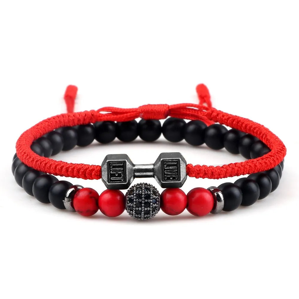 2pcs/Set Men Beaded Bracelet 6mm Charm Nature Onyx Stone Braided Strand Dumbbell hread Bracelets