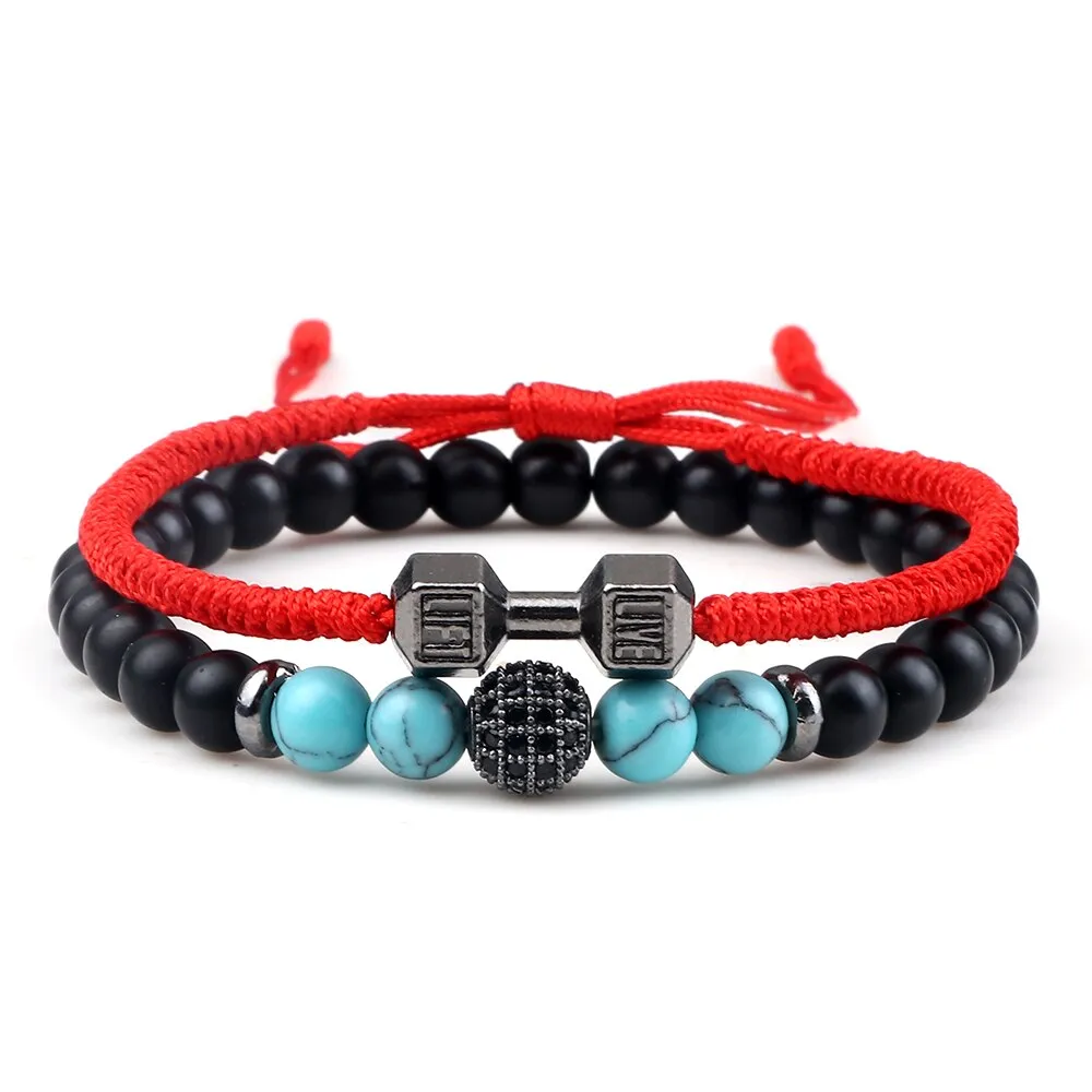 2pcs/Set Men Beaded Bracelet 6mm Charm Nature Onyx Stone Braided Strand Dumbbell hread Bracelets