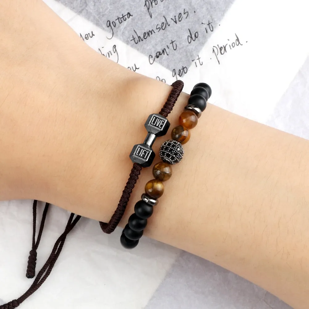 2pcs/Set Men Beaded Bracelet 6mm Charm Nature Onyx Stone Braided Strand Dumbbell hread Bracelets