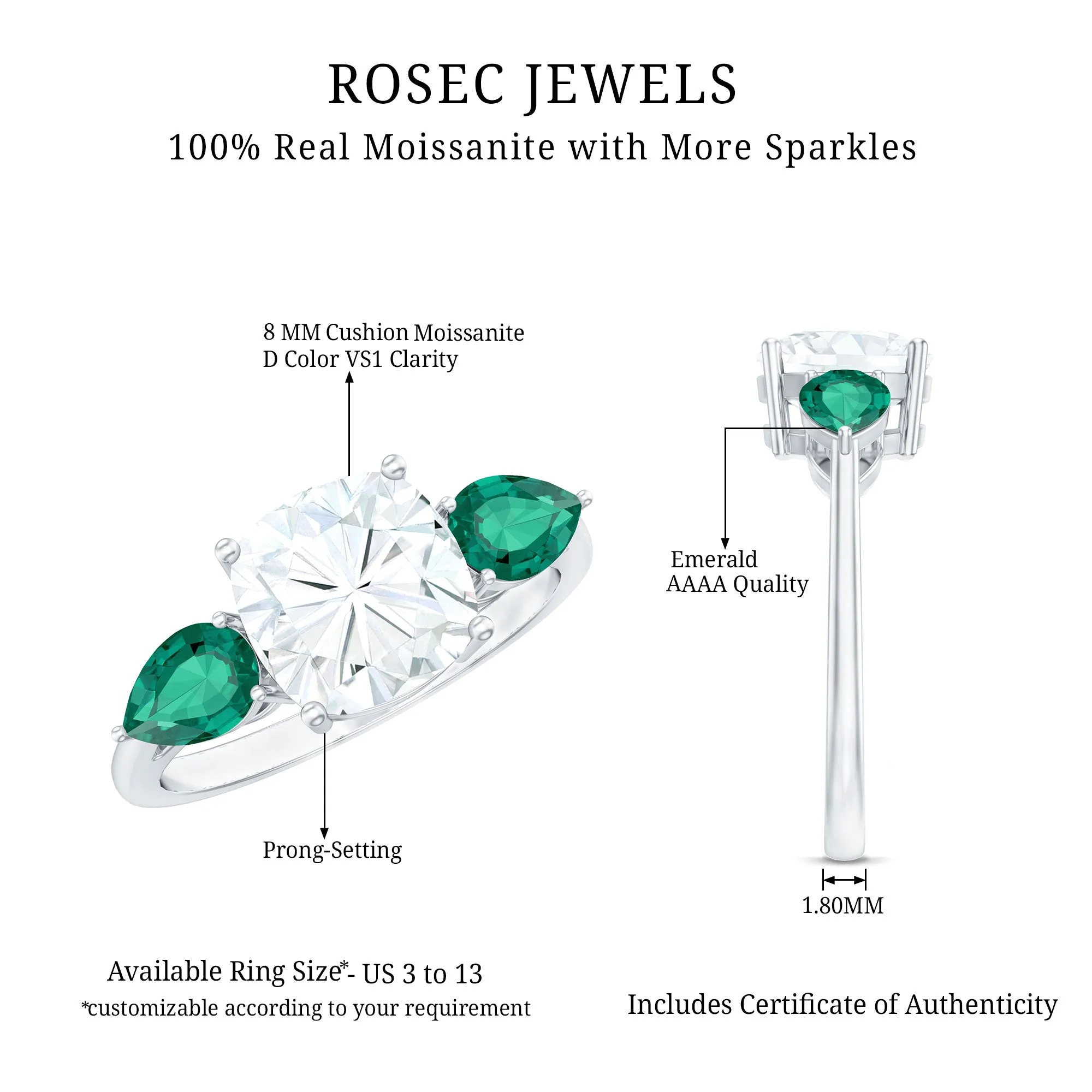 3 CT Moissanite and Created Emerald Trilogy Engagement Ring
