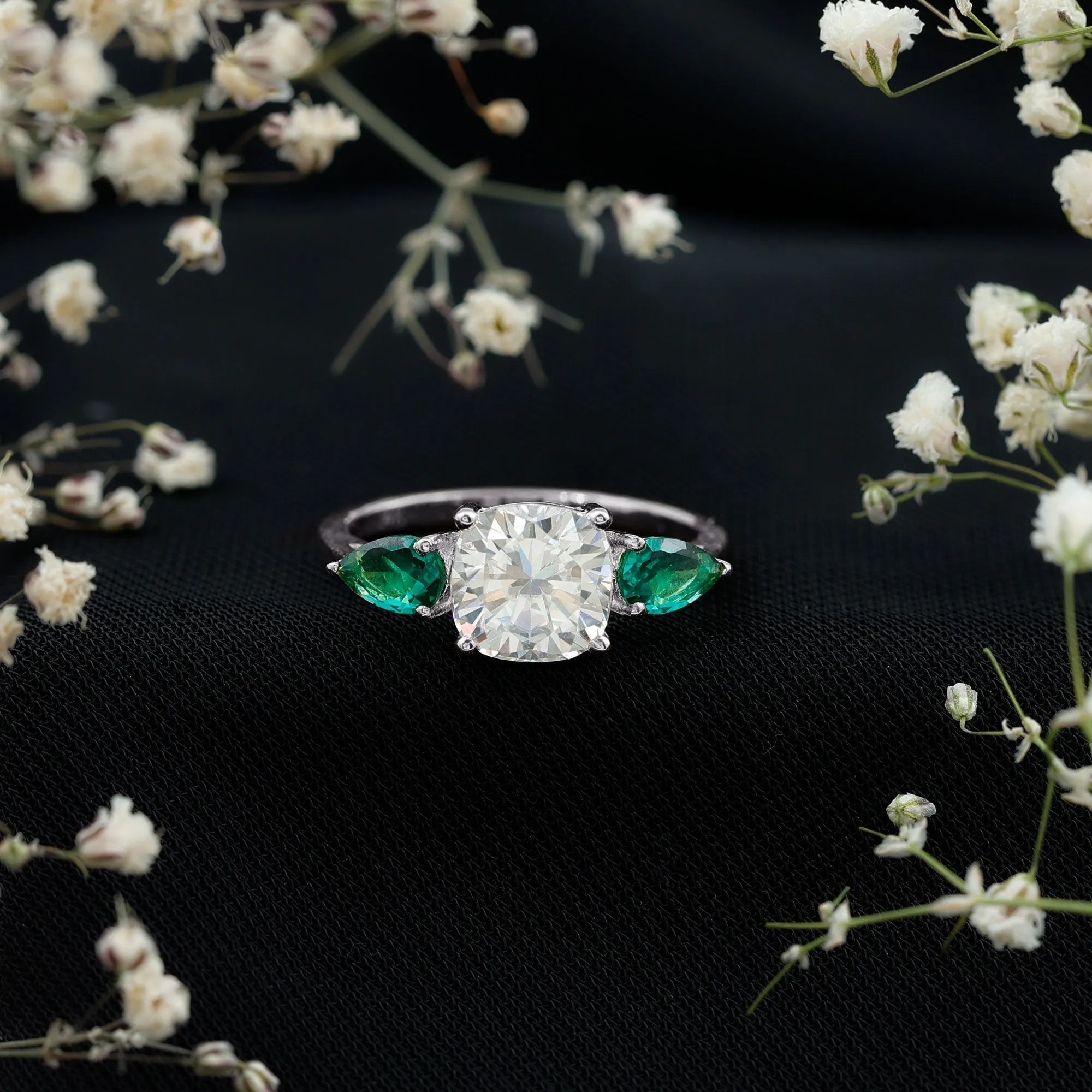 3 CT Moissanite and Created Emerald Trilogy Engagement Ring