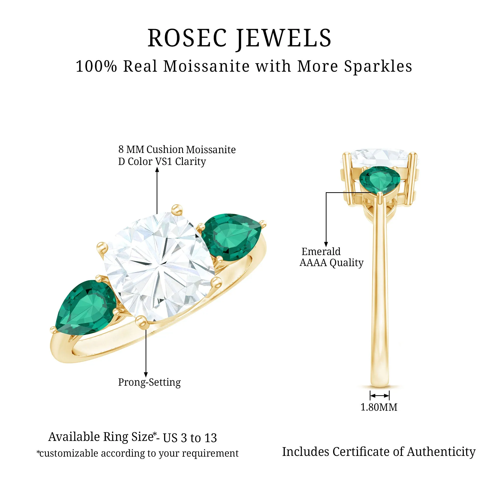 3 CT Moissanite and Created Emerald Trilogy Engagement Ring