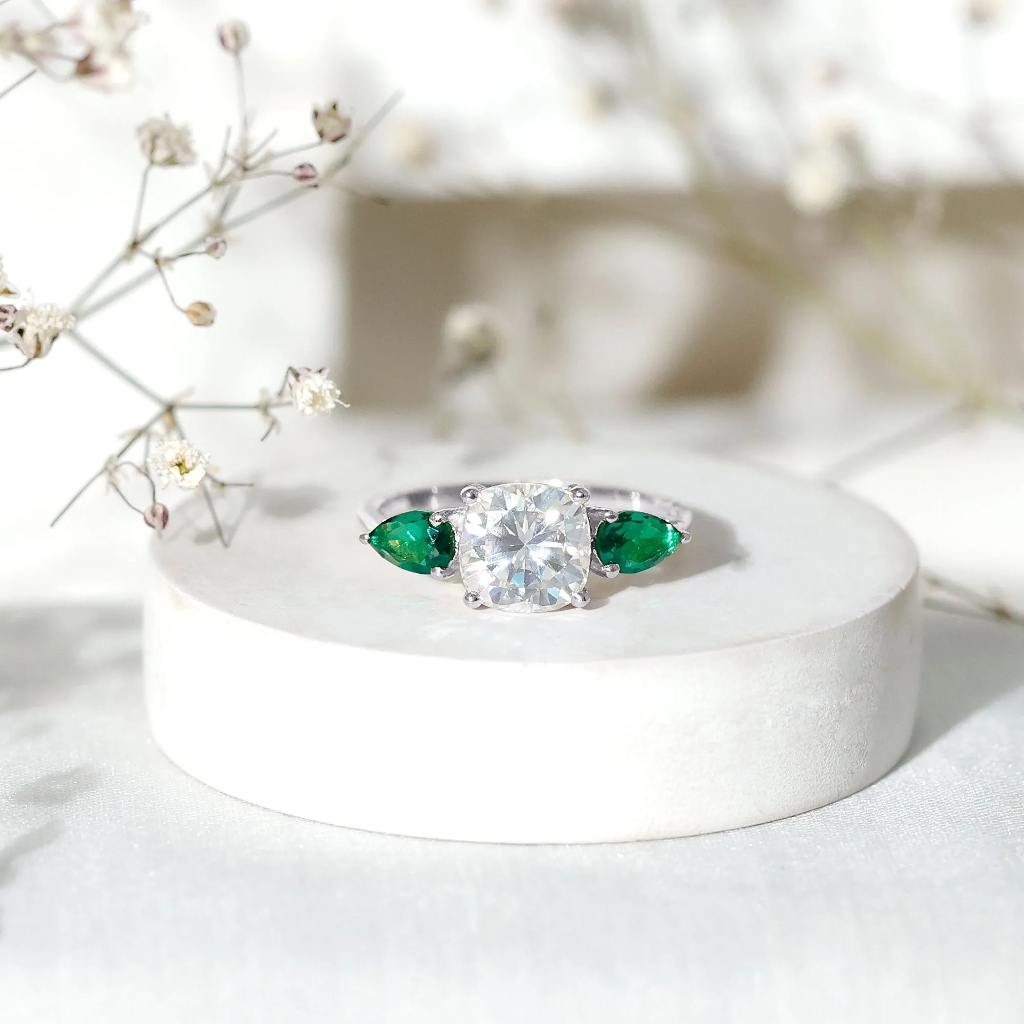 3 CT Moissanite and Created Emerald Trilogy Engagement Ring