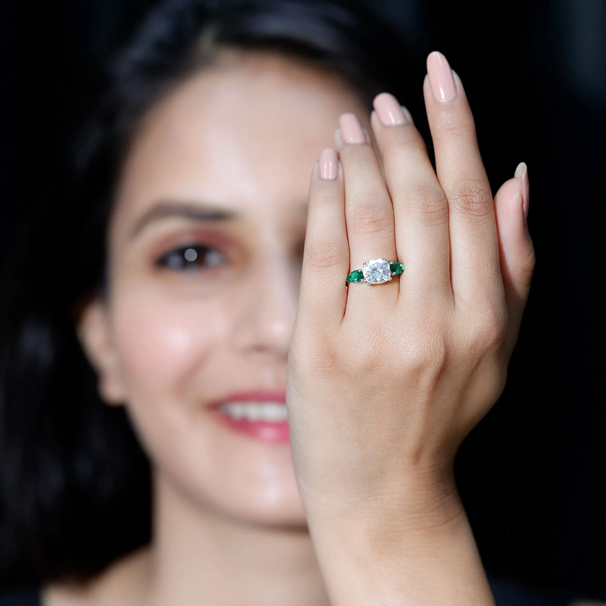 3 CT Moissanite and Created Emerald Trilogy Engagement Ring