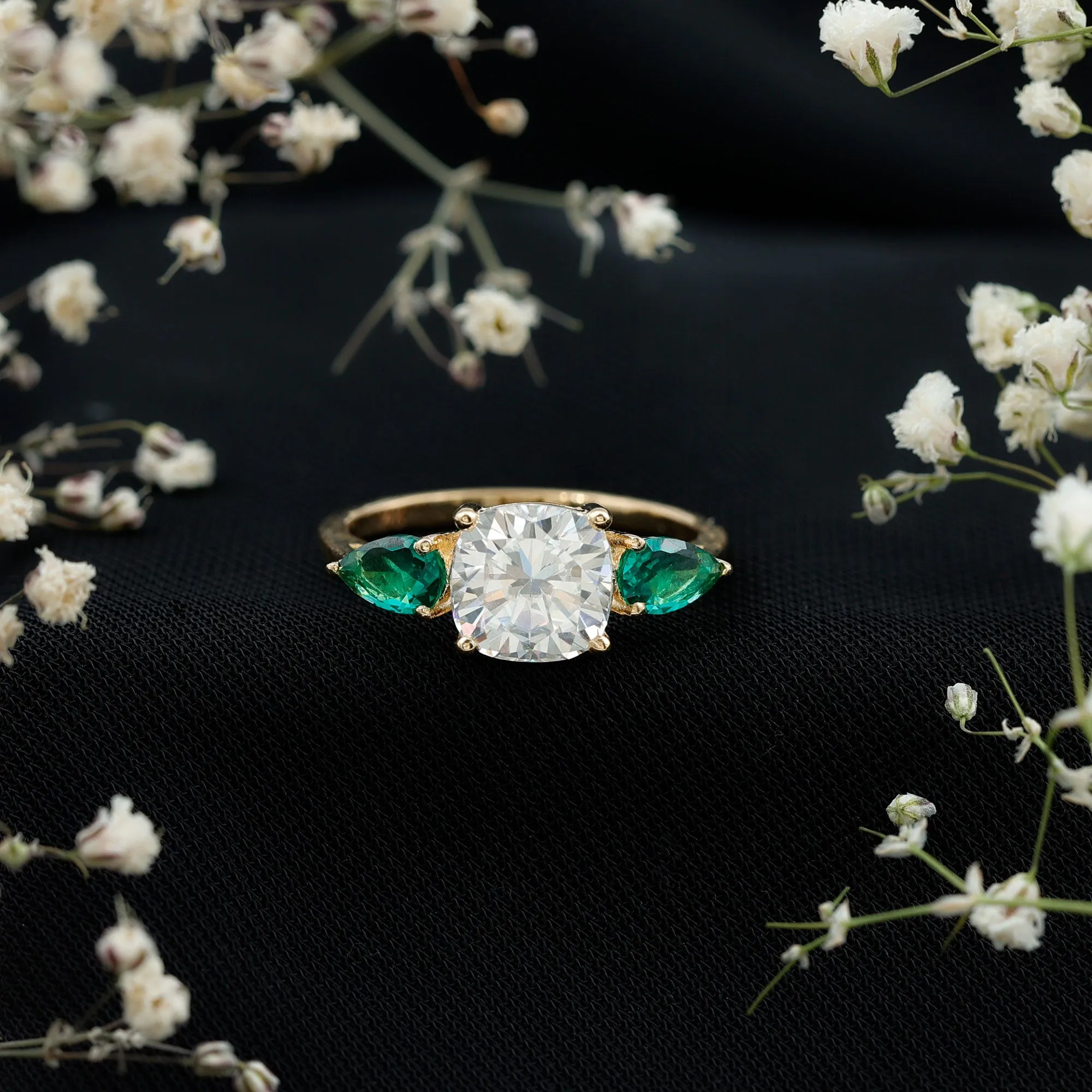 3 CT Moissanite and Created Emerald Trilogy Engagement Ring