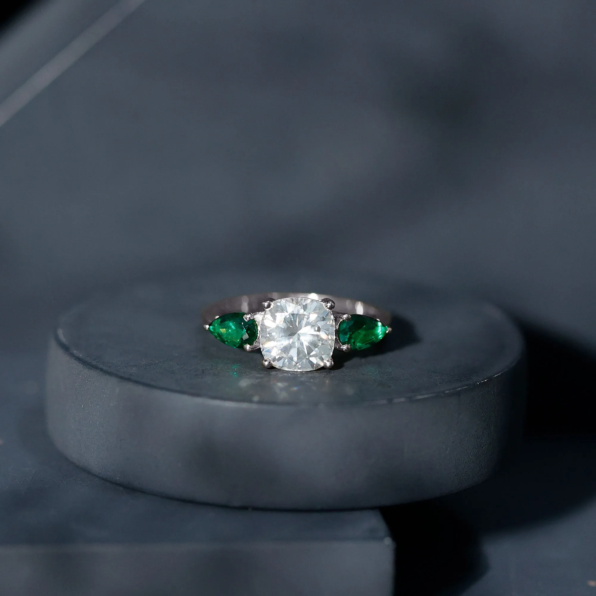 3 CT Moissanite and Created Emerald Trilogy Engagement Ring