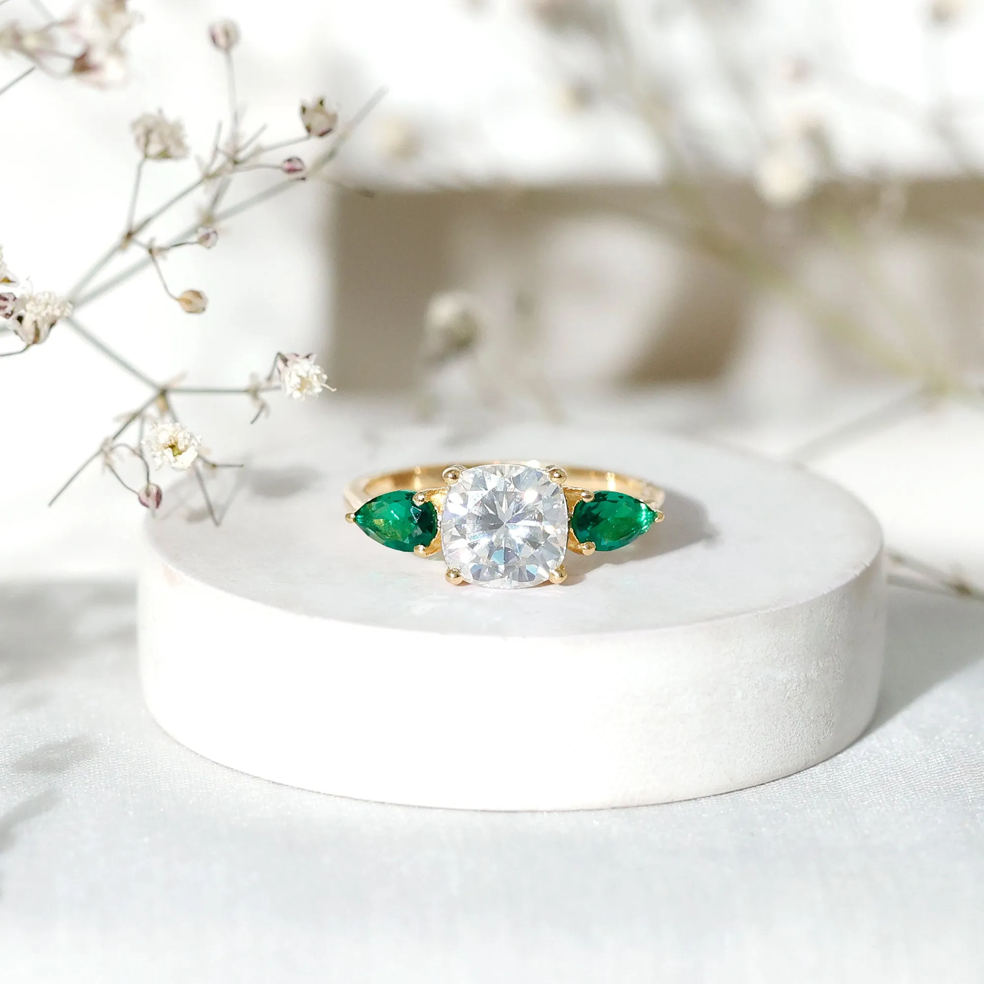3 CT Moissanite and Created Emerald Trilogy Engagement Ring
