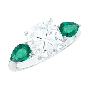 3 CT Moissanite and Created Emerald Trilogy Engagement Ring