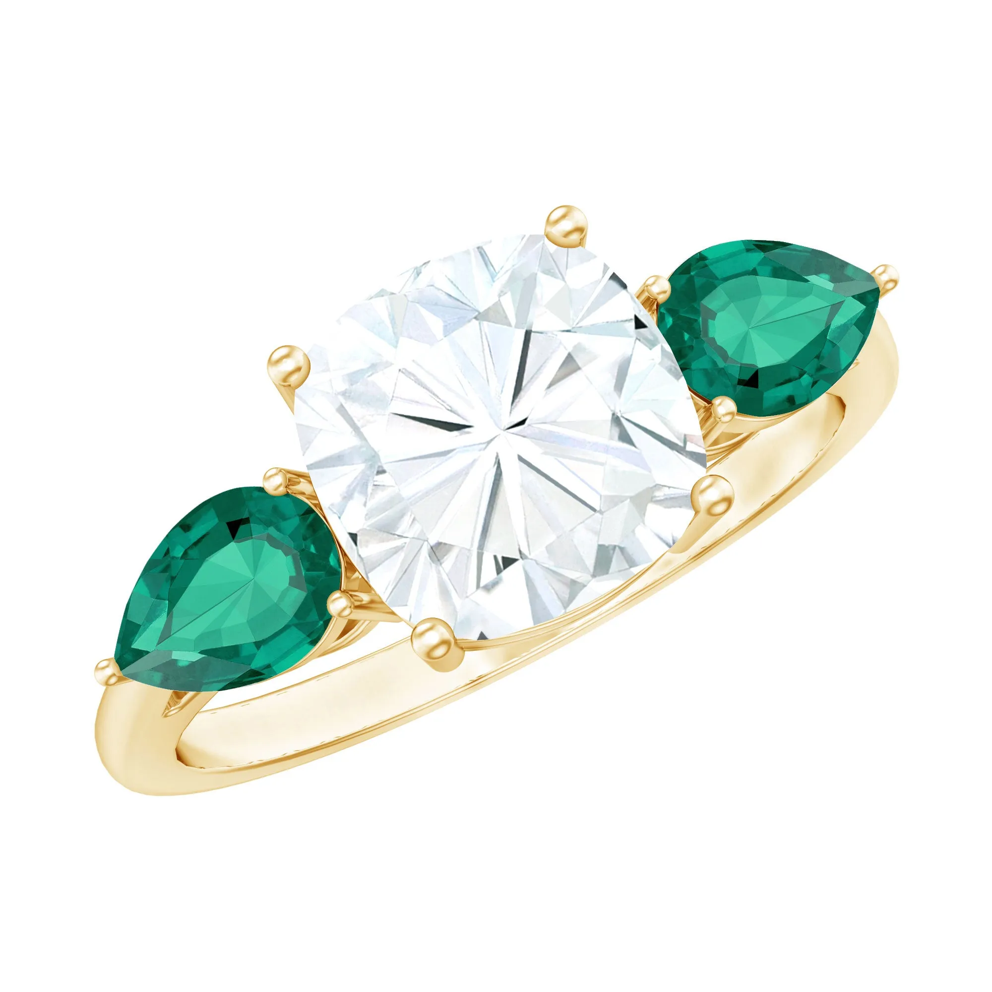 3 CT Moissanite and Created Emerald Trilogy Engagement Ring