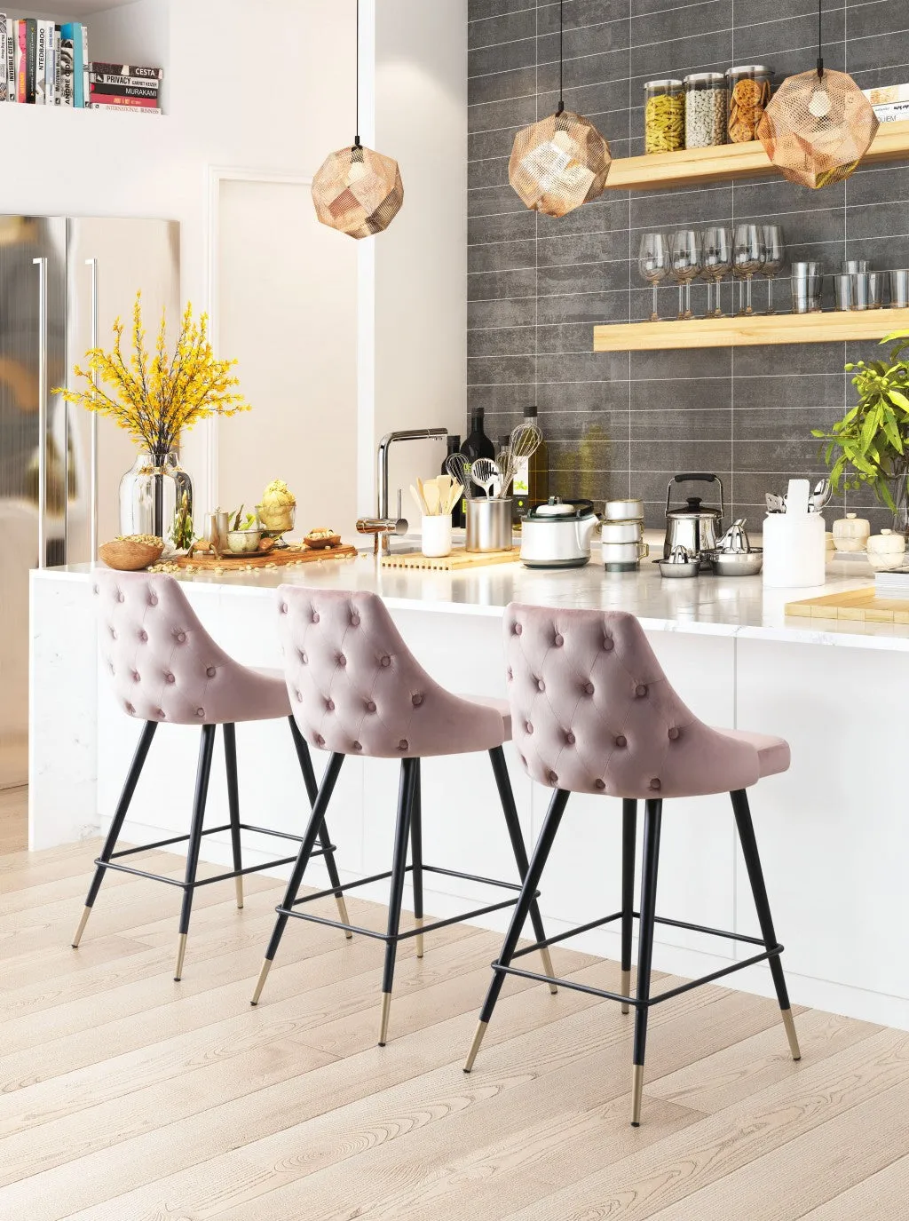 36" Pink Tufted Velvet and Black Counter Height Bar Chair With Footrest By Homeroots