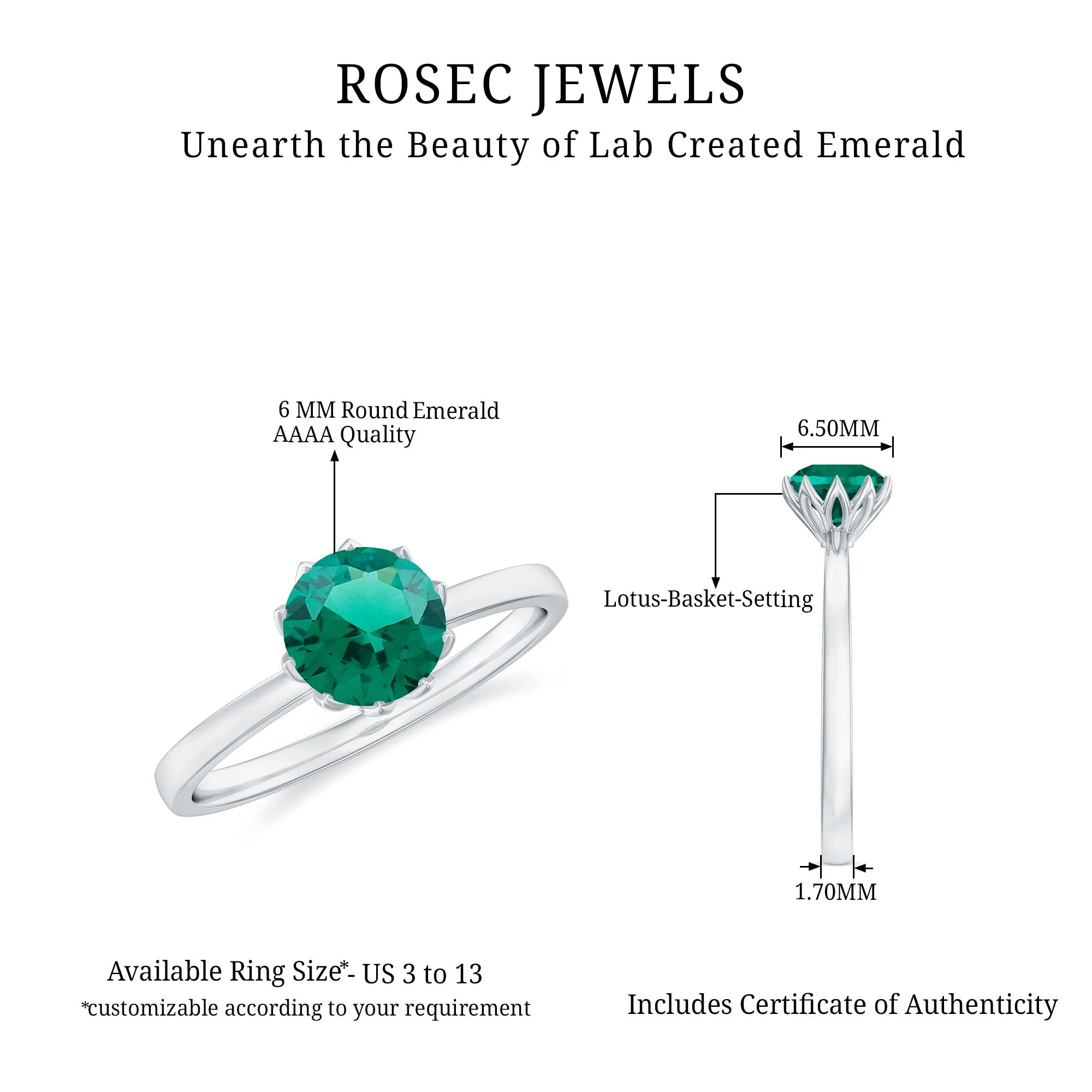 6 MM Round Cut Lab Created Emerald Solitaire Ring in Lotus Basket Setting