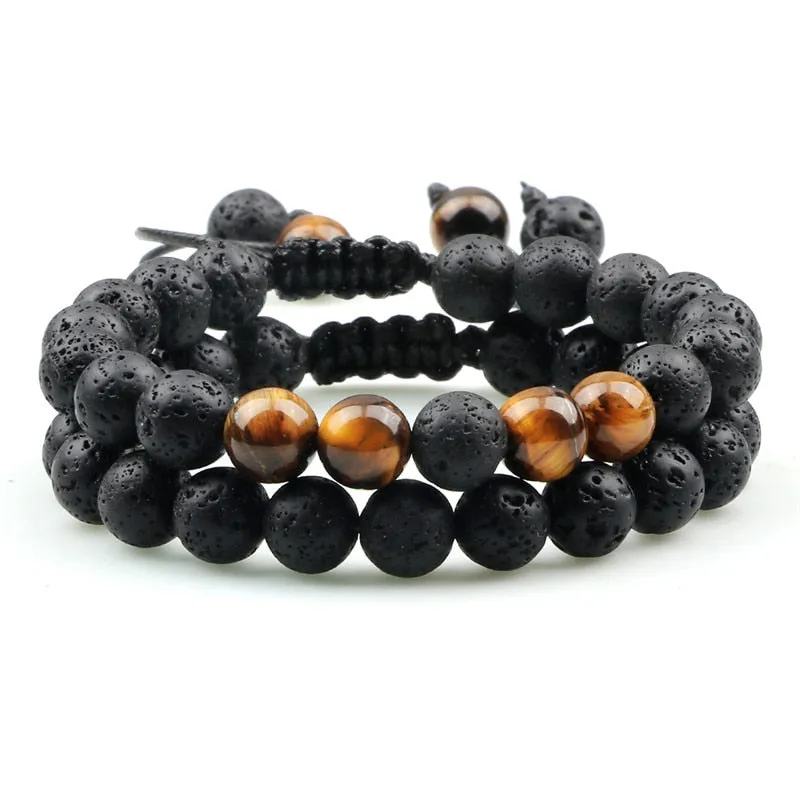 8mm Men Bracelets Black Lava Beads Bracelet Tiger Eye Adjustable Braided Rope Bangles
