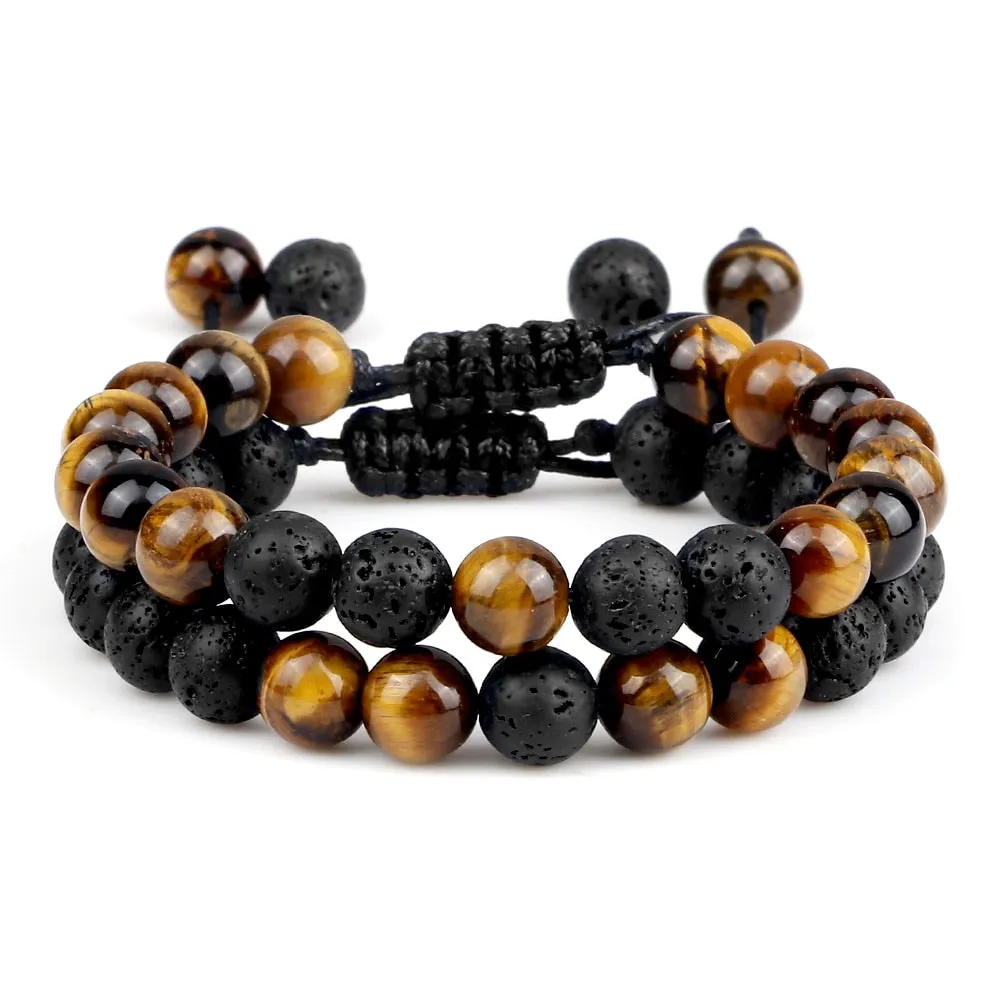 8mm Men Bracelets Black Lava Beads Bracelet Tiger Eye Adjustable Braided Rope Bangles