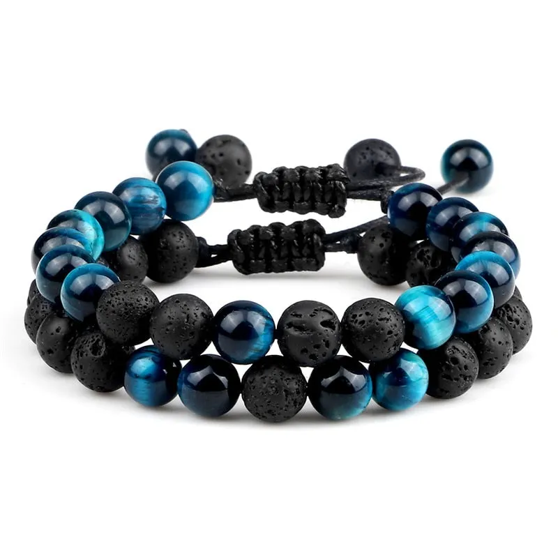 8mm Men Bracelets Black Lava Beads Bracelet Tiger Eye Adjustable Braided Rope Bangles