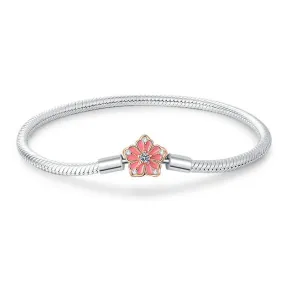 925 Silver Sakura Cherry Blossom Flower Snake Chain Bracelet