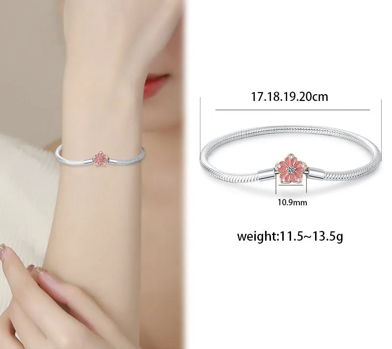 925 Silver Sakura Cherry Blossom Flower Snake Chain Bracelet