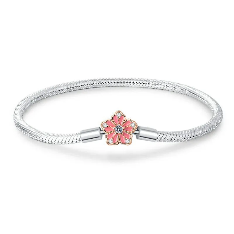 925 Silver Sakura Cherry Blossom Flower Snake Chain Bracelet