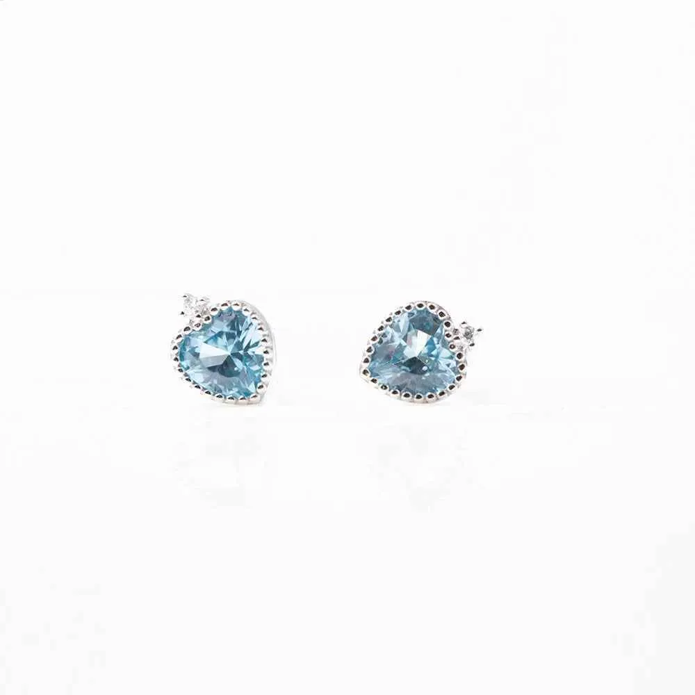 925 Sterling Silver Stud Earring Charm Jewelry - Sapphire Heart Shaped - Xm251-E