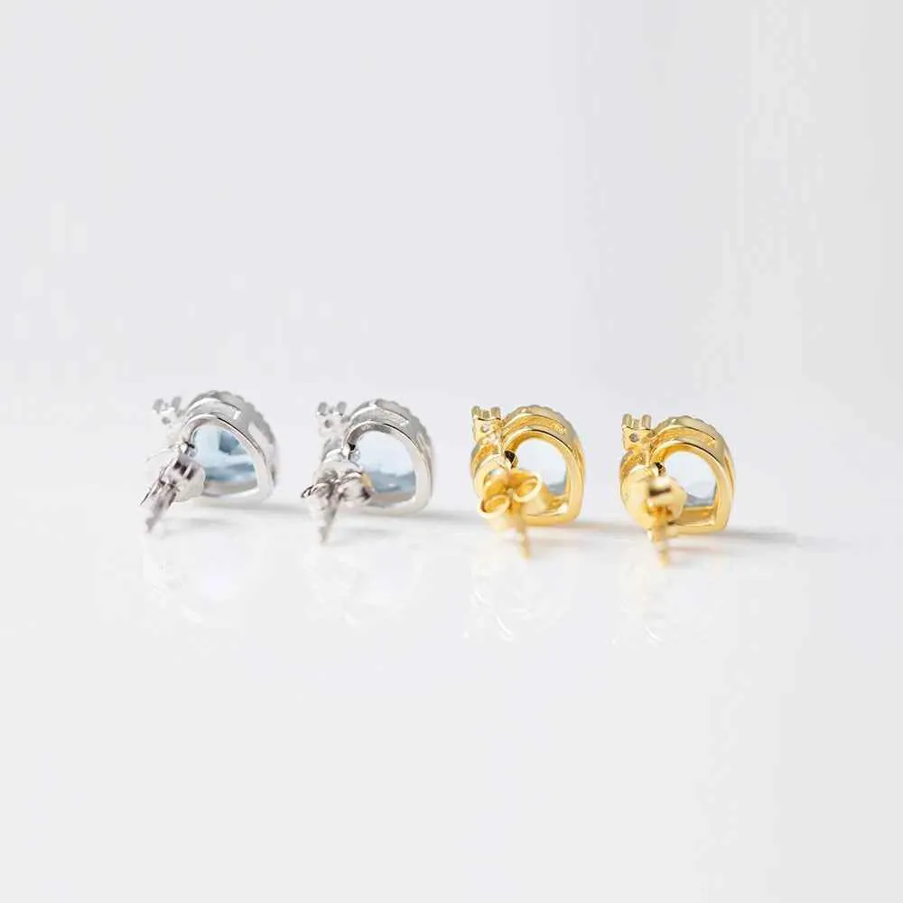 925 Sterling Silver Stud Earring Charm Jewelry - Sapphire Heart Shaped - Xm251-E