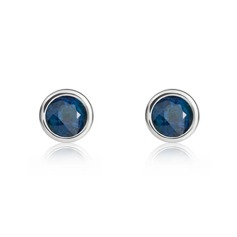 9ct White Gold Sapphire 4mm Round Rub Over Set Stud Earrings