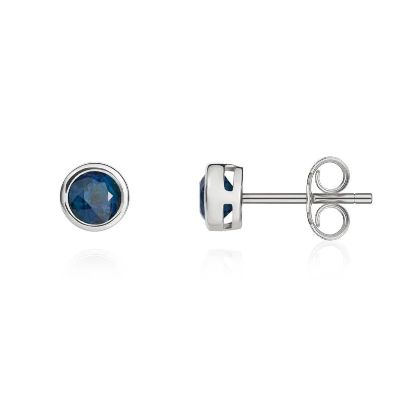 9ct White Gold Sapphire 4mm Round Rub Over Set Stud Earrings