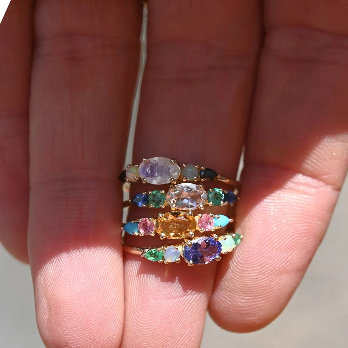 9k Yellow Gold Multi Gemstone Claw Set Ring - Tanzanite, Blue Opal & Emerald