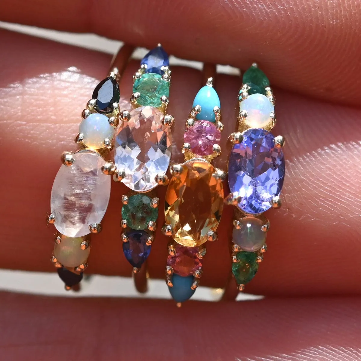 9k Yellow Gold Multi Gemstone Claw Set Ring - Tanzanite, Blue Opal & Emerald
