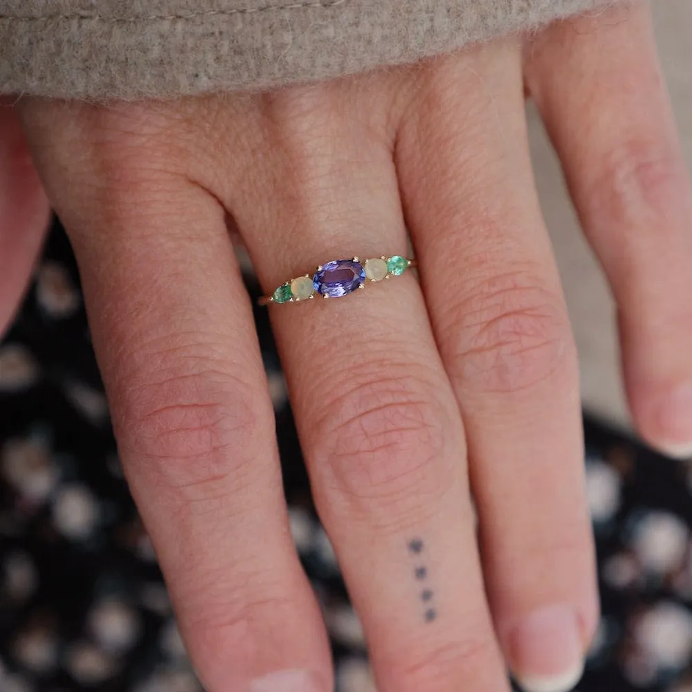 9k Yellow Gold Multi Gemstone Claw Set Ring - Tanzanite, Blue Opal & Emerald
