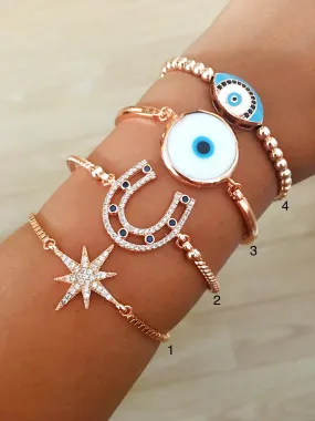 Adjustable Evil Eye Bracelet with Horseshoe, Murano Glass, and Star Charms