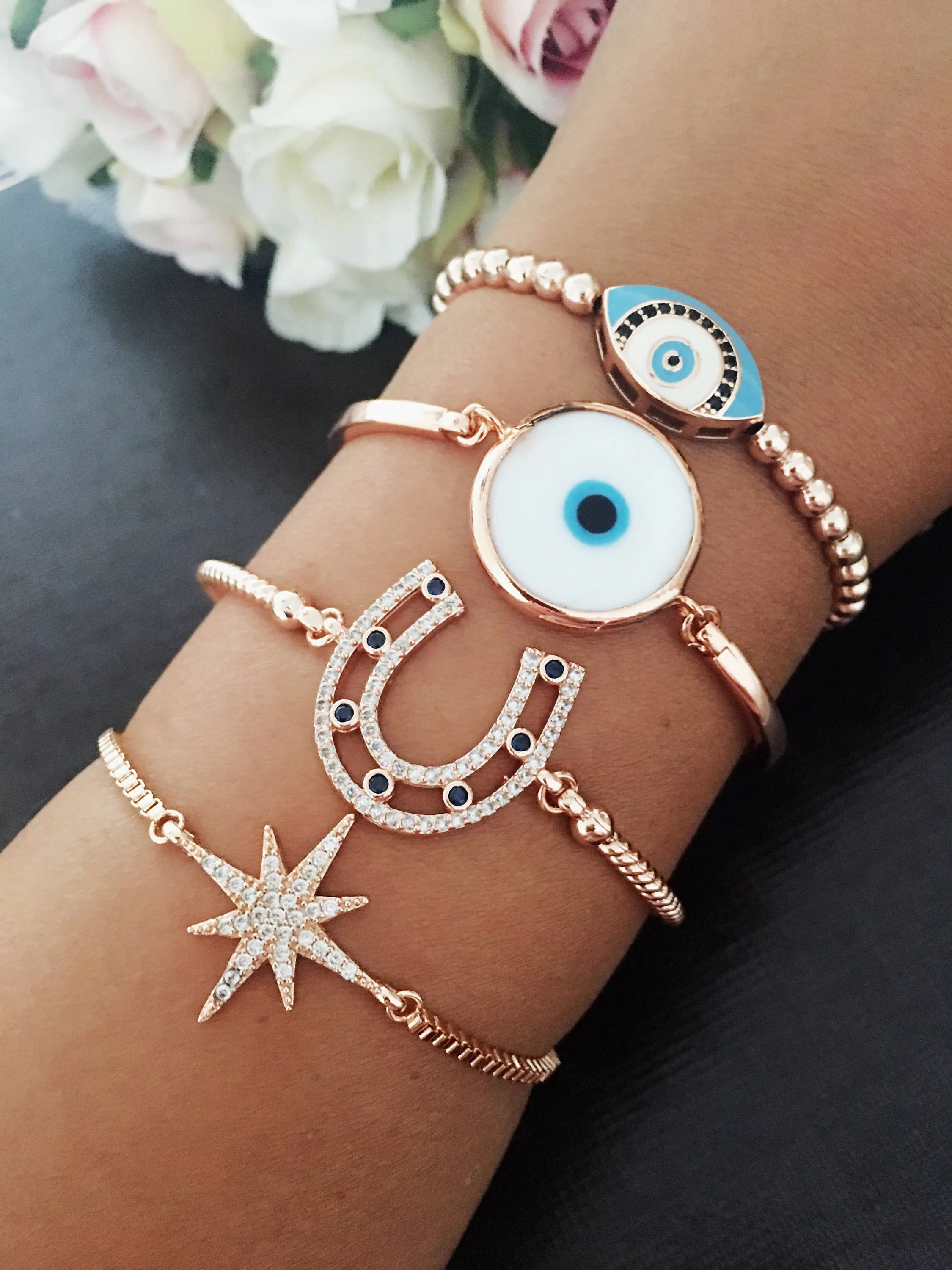 Adjustable Evil Eye Bracelet with Horseshoe, Murano Glass, and Star Charms