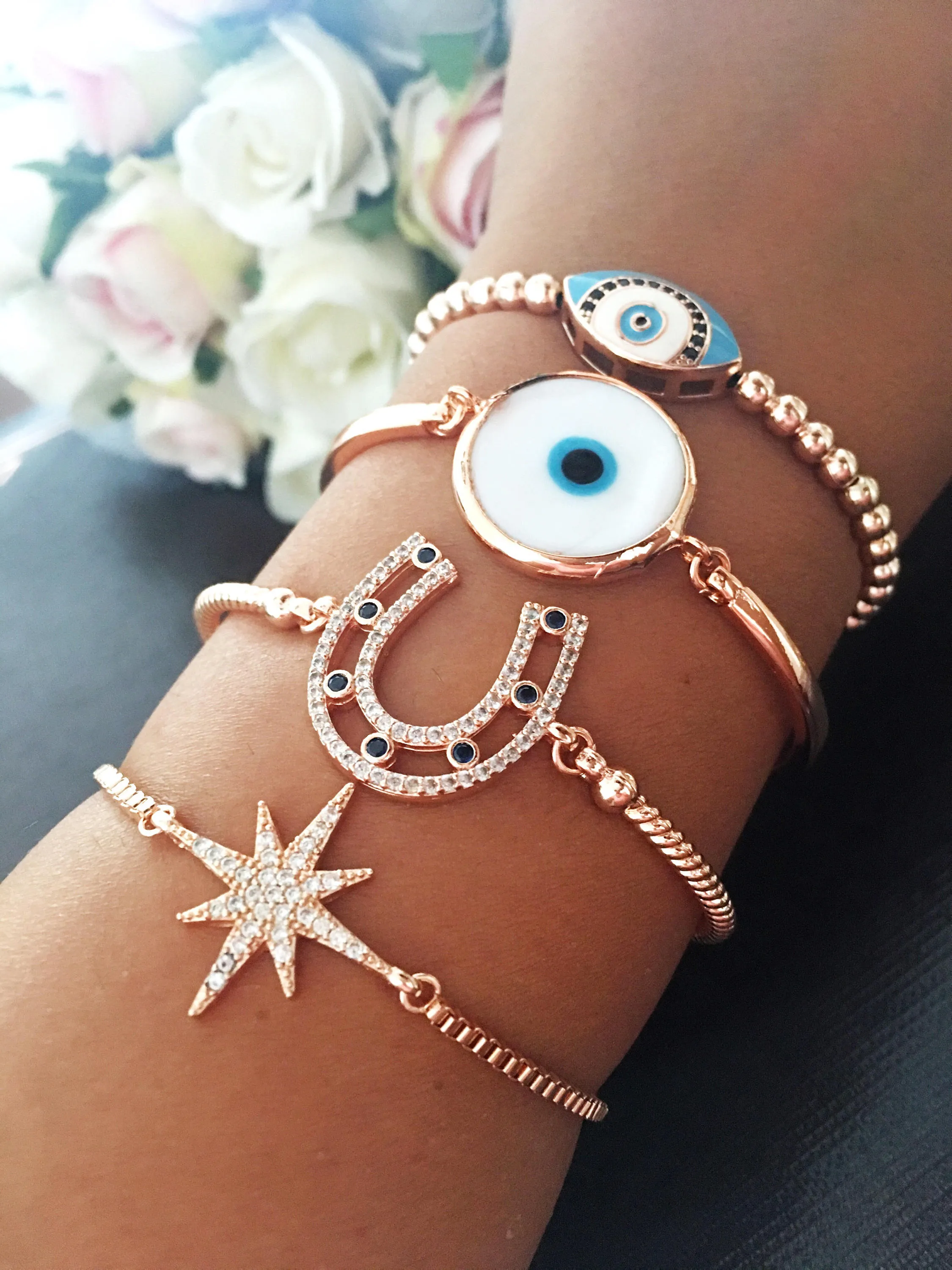 Adjustable Evil Eye Bracelet with Horseshoe, Murano Glass, and Star Charms