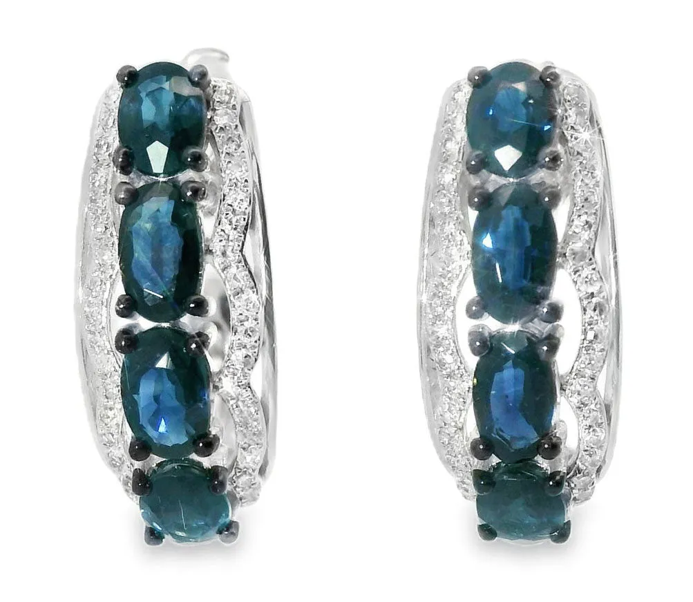 Beautiful 14K White Gold Diamond Sapphire Huggie Earrings
