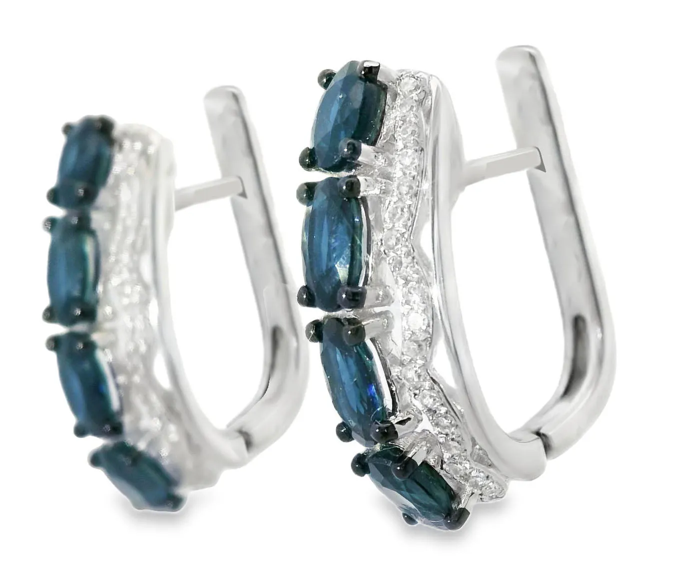 Beautiful 14K White Gold Diamond Sapphire Huggie Earrings