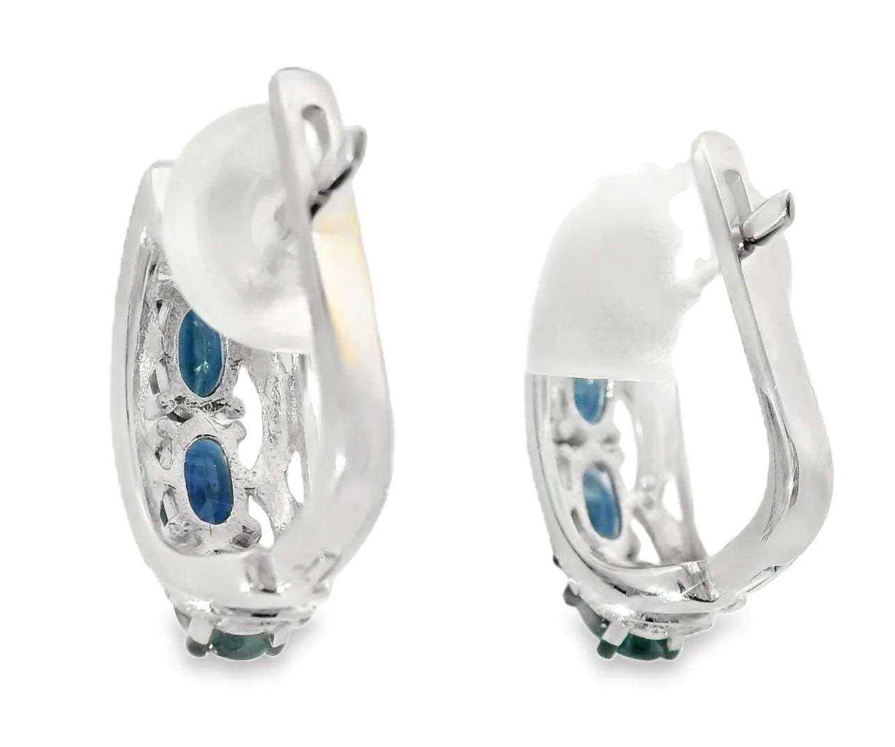 Beautiful 14K White Gold Diamond Sapphire Huggie Earrings