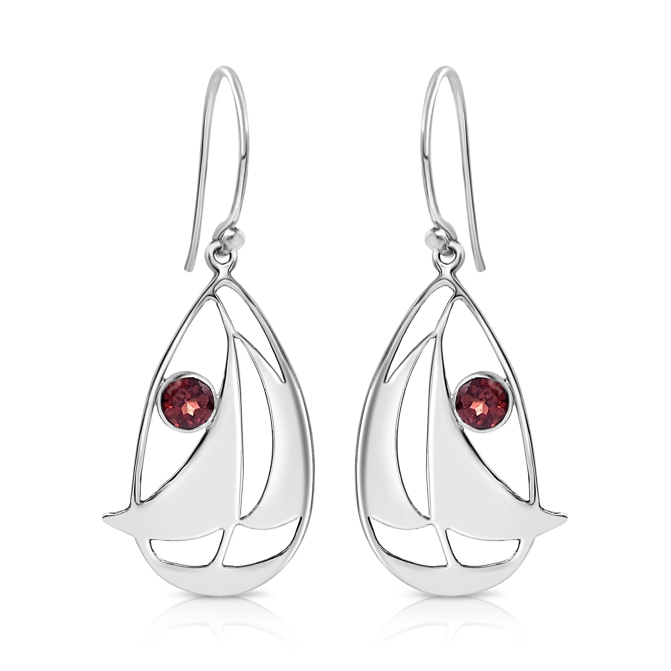 BESHEEK Sterling Silver and Garnet Sail Boat Dangle Earrings | Handmade Hypoallergenic Boho Beach Gala Wedding Style Sterling Earrings