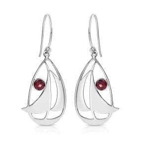 BESHEEK Sterling Silver and Garnet Sail Boat Dangle Earrings | Handmade Hypoallergenic Boho Beach Gala Wedding Style Sterling Earrings