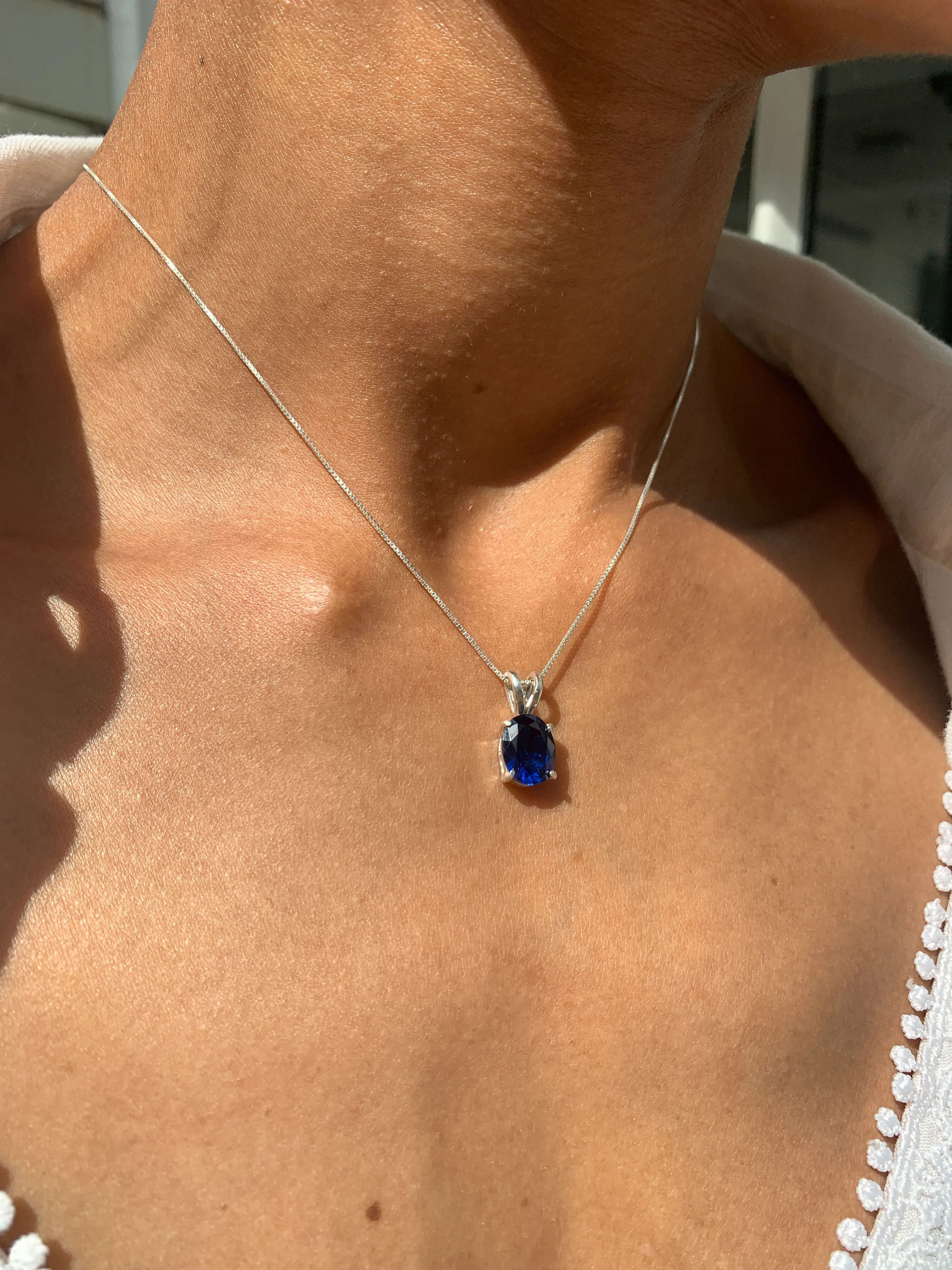 Blue Sapphire Necklace - Dainty Oval Necklace - Royal Blue Pendant