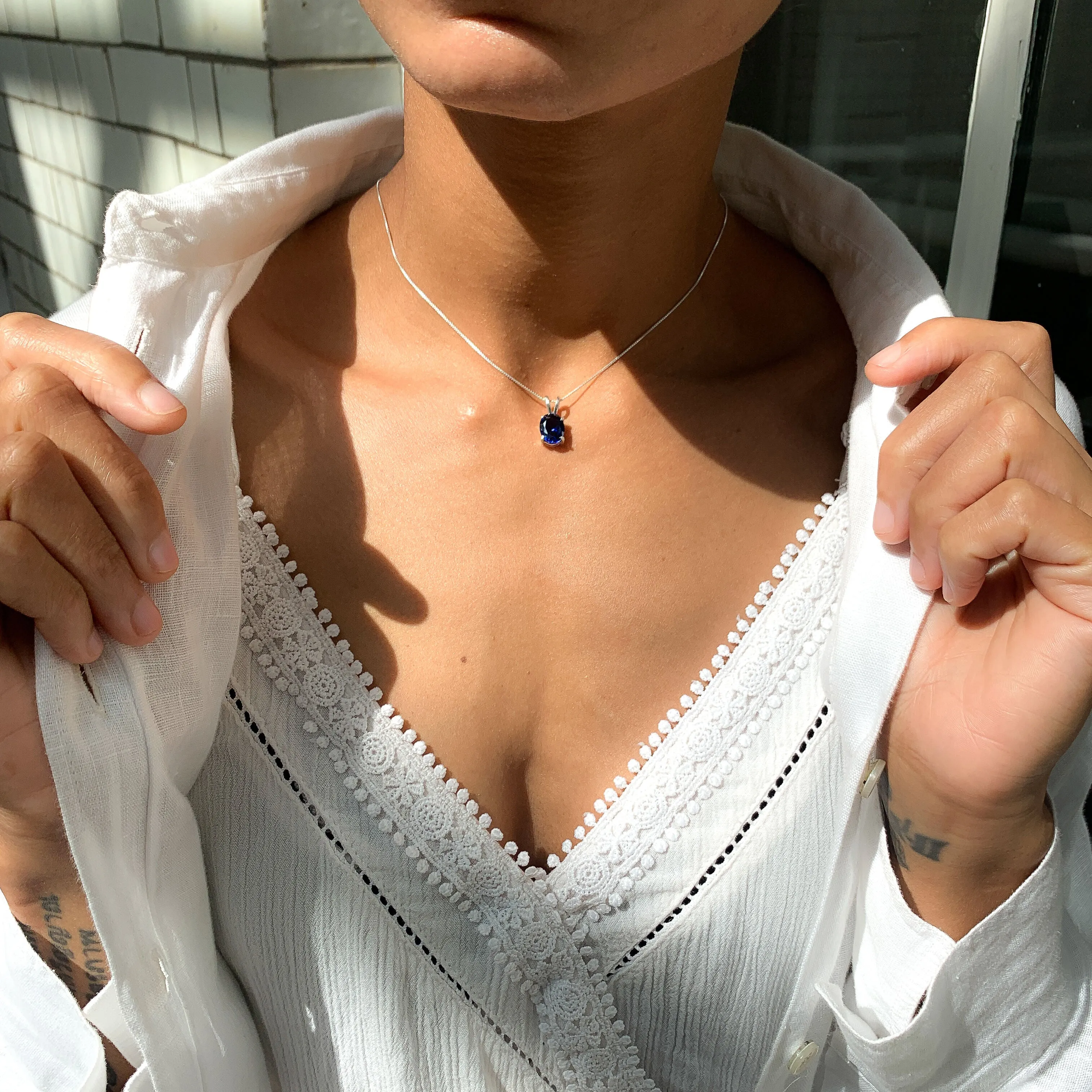 Blue Sapphire Necklace - Dainty Oval Necklace - Royal Blue Pendant