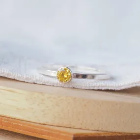 Citrine Silver Ring - 4mm Cubic Zirconia Gemstone with Square Band