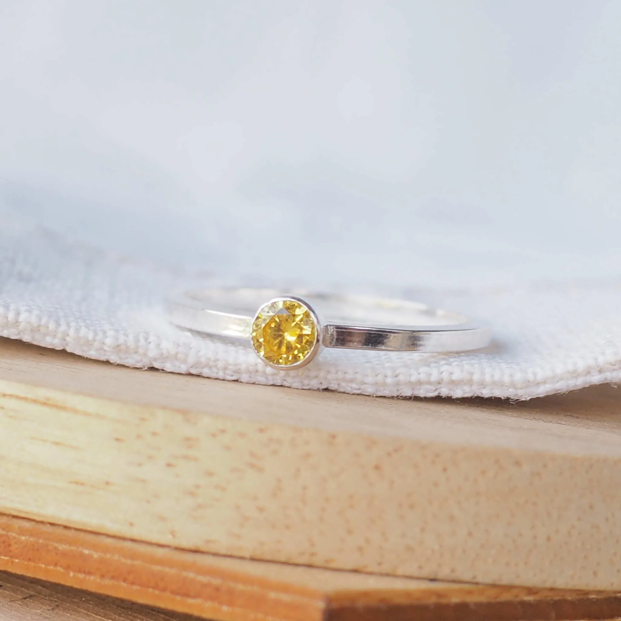 Citrine Silver Ring - 4mm Cubic Zirconia Gemstone with Square Band