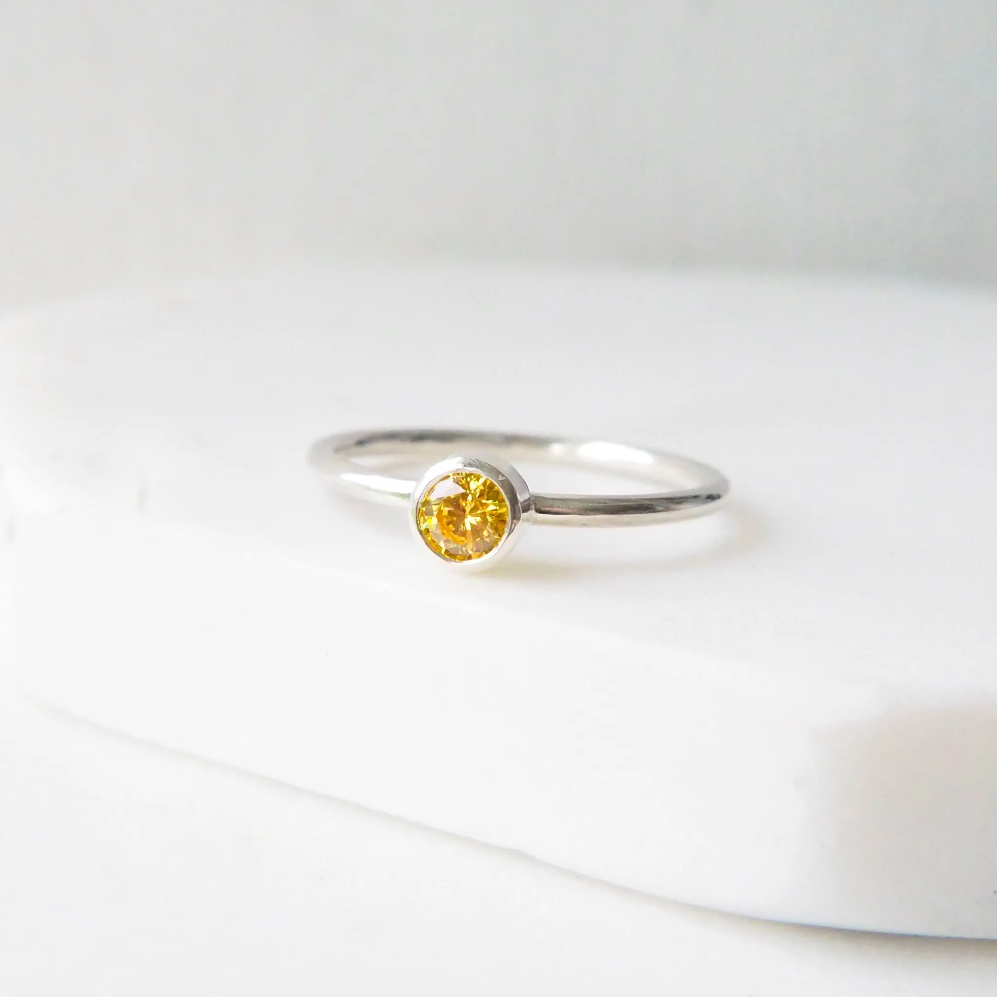 Citrine Silver Ring - 4mm Cubic Zirconia Gemstone with Square Band