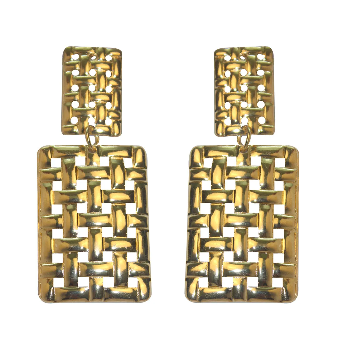 CONTEMPORARY OVERSIZED WEAVE TEXTURED GOLD-TONED RECTANGULAR DROP EARRINGS