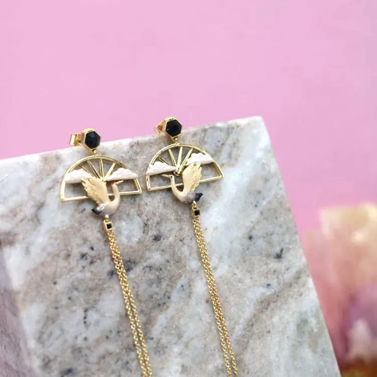 CRANE AND SUNRISE DANGLE EARRINGS