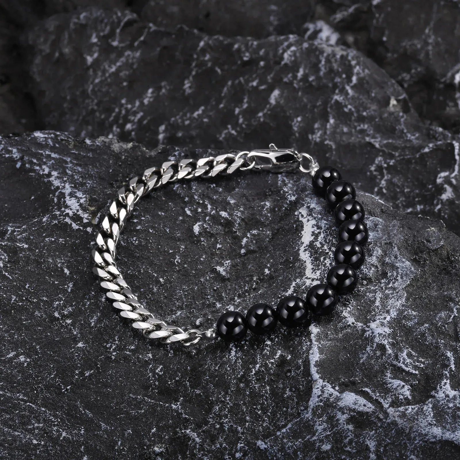 Cuban Chain Bracelets for Men Boys,8mm Black Beaded Wristband