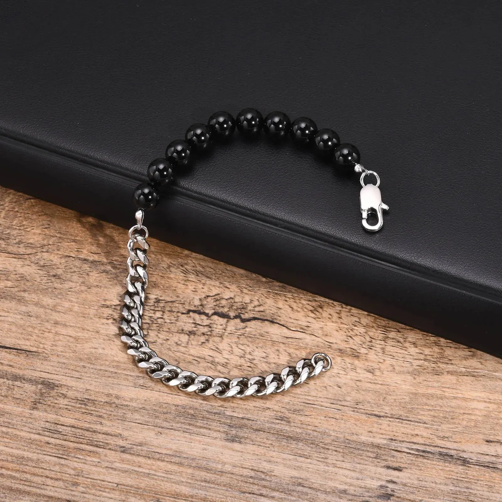 Cuban Chain Bracelets for Men Boys,8mm Black Beaded Wristband