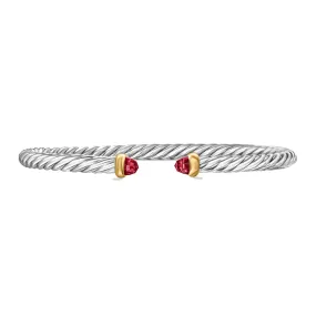 David Yurman Cable Flex Sterling Silver with 14K Yellow Gold and Rhodolite Garnet 4mm Cuff Bracelet - Medium