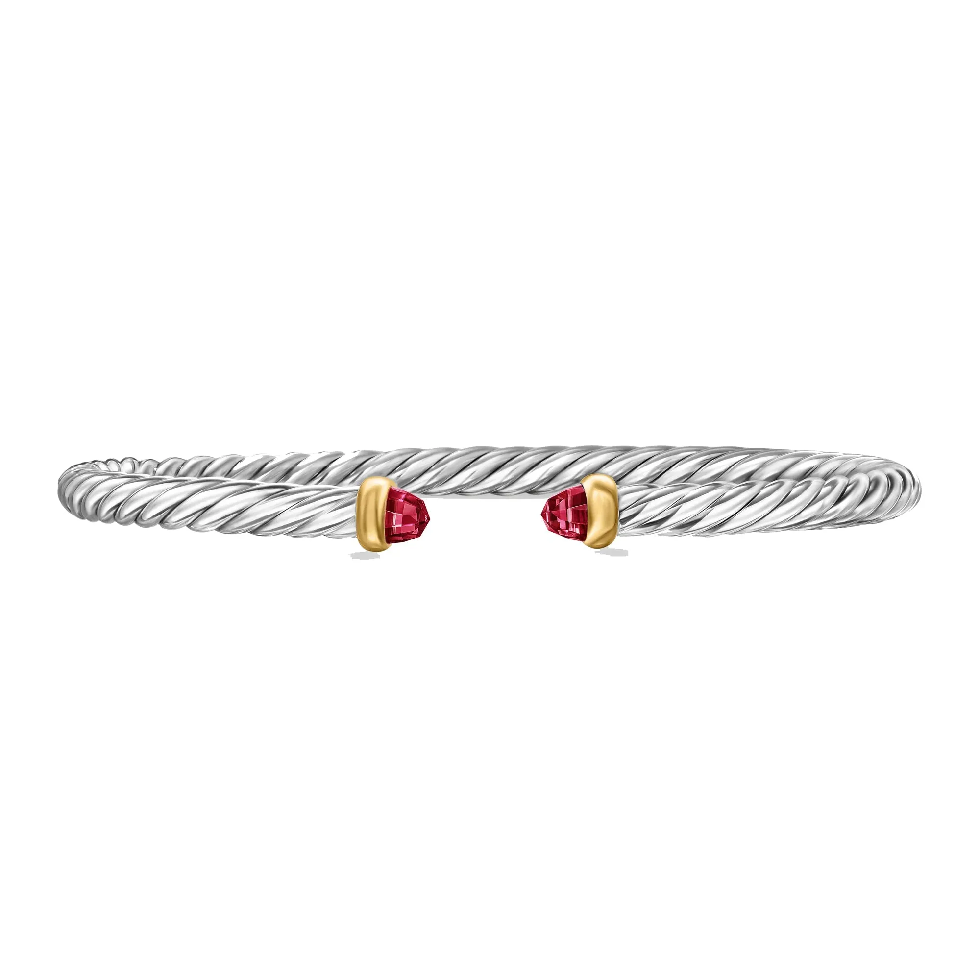 David Yurman Cable Flex Sterling Silver with 14K Yellow Gold and Rhodolite Garnet 4mm Cuff Bracelet - Medium